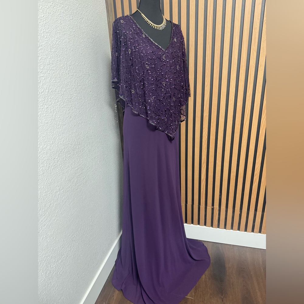 J Kara Purple Beaded Cape Maxi Dress